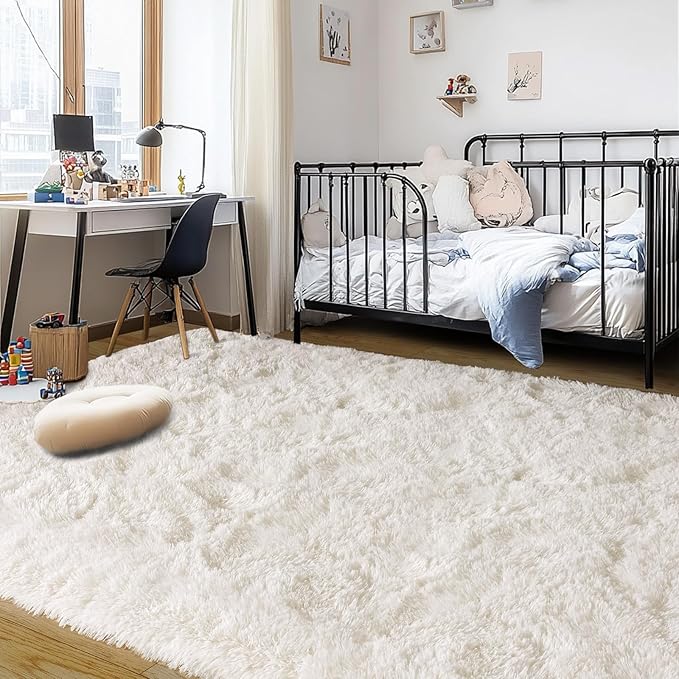 Cream White Plush Rug for Living Room Fuzzy Carpet for Bedroom Dorm, Non-Slip High Pile Rug, Shag Rug for Playroom Nursery Home Office Decor 6X9 Ft