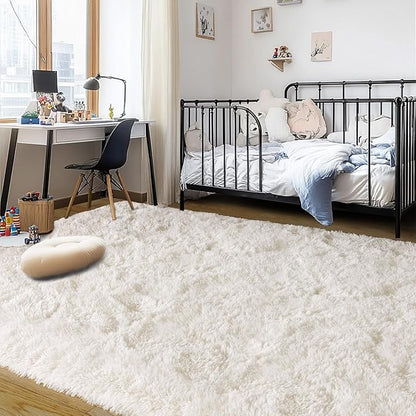 Cream White Plush Rug for Living Room Fuzzy Carpet for Bedroom Dorm, Non-Slip High Pile Rug, Shag Rug for Playroom Nursery Home Office Decor 4X6 Ft