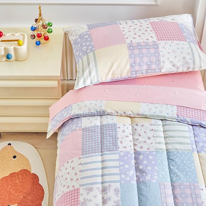 Joyreap 4 Piece Cotton Toddler Bedding Set- Colorful Flowers Patchwork Design, Toddler Comforter Set for Girls, Includes Quilted Comforter, Fitted Sheet, Top Sheet, and Pillow Case