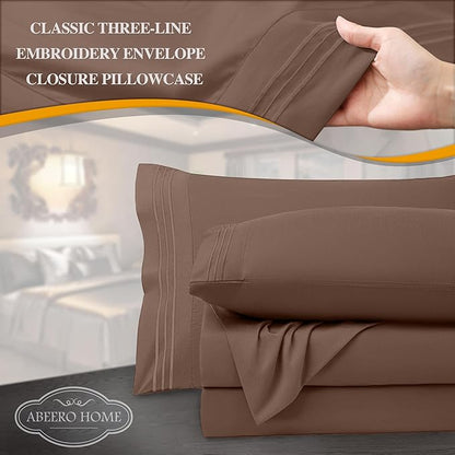 Full Size Bed Sheets Cooling - Luxury Hotel Sheet Set - Soft Sheets with Elastic Corner Straps - Deep Pocket Microfiber Bedsheets - Bedding Sheet & Pillowcases - 4 PC (Full Size, Brown)