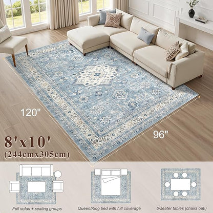Vintage Living Room Area Rug 8x10 - Large Soft Washable Oriental Traditional Distressed Farmhouse Rugs for Bedroom - Indoor Floor Accent Carpet for Home Office House Decor - Blue