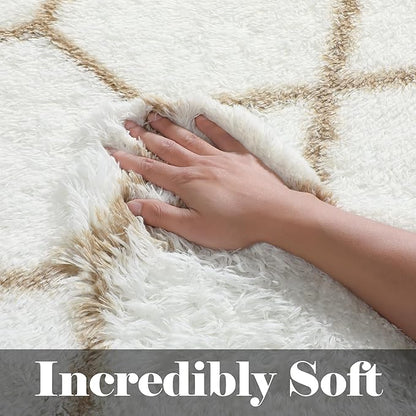 ONASAR Large Area Rugs for Living Room, 7x10 White and Beige Bedroom Rug, Washable Geometric Boho Soft Plush Shaggy Fuzzy Floor Carpet Mat for Nursery Kids Girls Boys Teen Dorm Home Decor