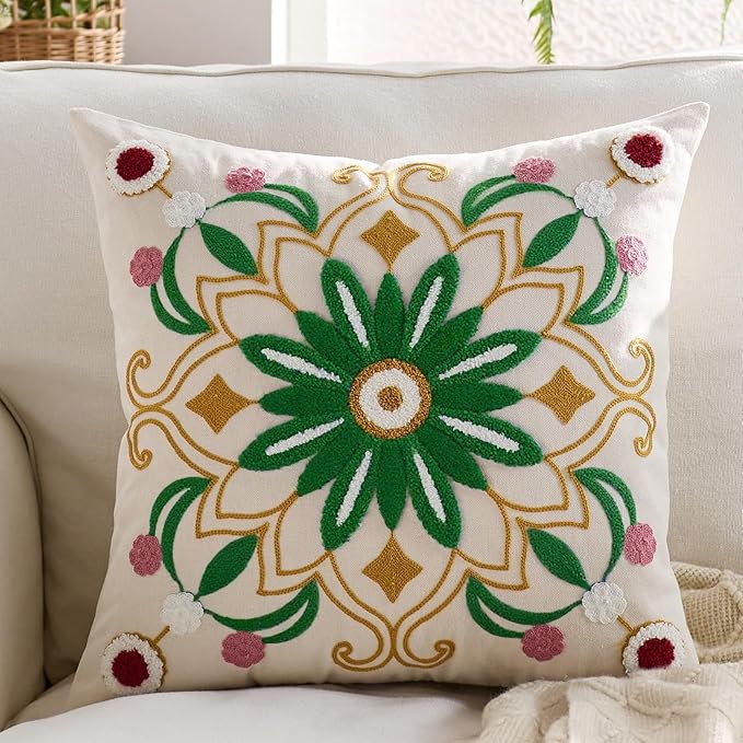 Embroidered Throw Pillow Cover 20x20 Classic Boho Floral Pattern Pillows Cover Outdoor Decorative Pillowcase,Durable Cozy Textured Cushion Case for Sofa Couch Bed Living Room,Green Yellow