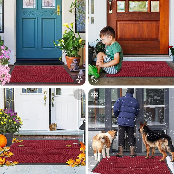 Smiry Front Door Mat Outside Entrance, Heavy Duty Sturdy Natural Rubber Doormat, Trap Dirt and Moisture, Easy Clean Low Profile Mats for Indoor Outdoor Entry, Irregular Triangle (71x24, Wine Red)