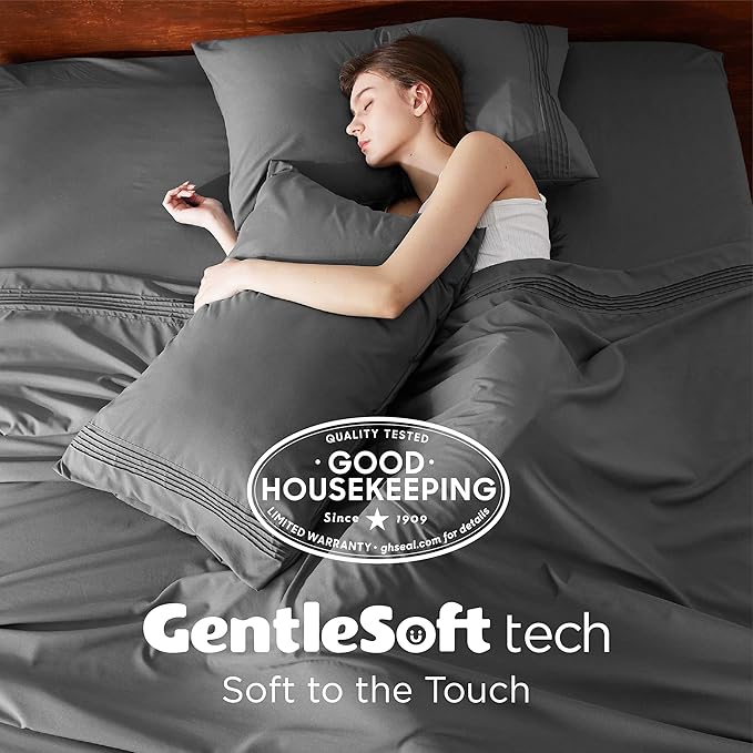 Bedsure Deep Pocket Full Size Bed Sheets Set - Fits Mattresses Up to 21 Inches Thick - 4 Piece Bed Sheets, Moisture Wicking, Soft & Cooling Bedsheet & Pillowcases, Easy & Secure Fit, Dark Grey