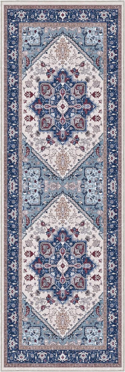 OPPODREAM Thin Entryway Rug 2x6, 2x6 Rug Runner, Washable Hallways Carpet 2 x 6 with Non Slip Backing, Low-Pile Bedside Carpet 2 x 6, Long, Faux Cashmere, Navy Blue & Red & Cream