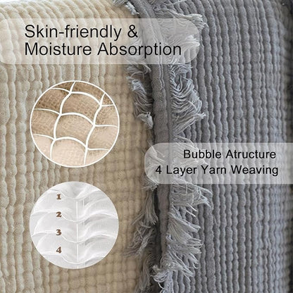 MorroMorn 100% Cotton Muslin Throw Blanket with Fringes 50"x60", 4-Layer Cotton Gauze Blankets for Adults, Boho Bedding Breathable Lightweight Ultra-Soft for Couch Bed Sofa All Seasons, Grey