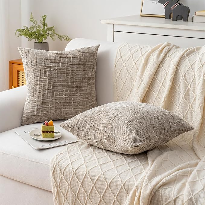 Decorative Throw Pillow Covers 20x20 Inch Set of 2, Soft Solid Farmhouse Chenille Couch Pillows, Spring Pillow Covers for Couch Sofa Bed Living Room Home Decor Pillowcase, Light Khaki