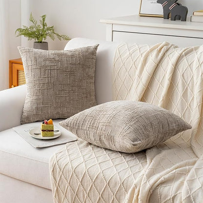 Decorative Throw Pillow Covers 16x16 Inch Set of 2, Soft Solid Farmhouse Chenille Couch Pillows, Spring Pillow Covers for Couch Sofa Bed Living Room Home Decor Pillowcase, Light Khaki