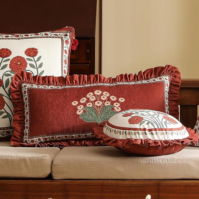 Vintage Rectangle Throw Pillow Covers Pack of 2,Red Cozy Velvet with Leaves and Floral Pattern Pillowcases,Decor Longer Lumbar Pillows Cushion Covers for Living Room Couch Sofa Bed,12"x28"
