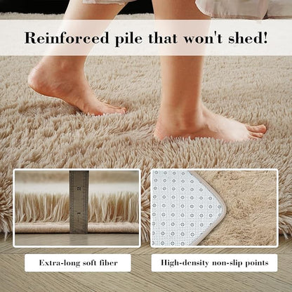 Fluffy Rug Shaggy Area Rug, Beige 8x10 Area Rugs for Living Room, Large Shag Area Rugs for Bedroom Kids Room Home Decor, Upgrade Anti-Skid Rectangular Fuzzy Rugs