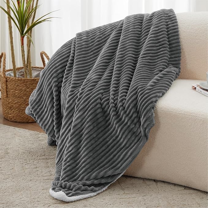 Sherpa Twin Blanket for Bed - Soft Cozy Fleece Blanket, Warm for Winter, Reversible for Sofa, Grey, 60 x 80 Inches