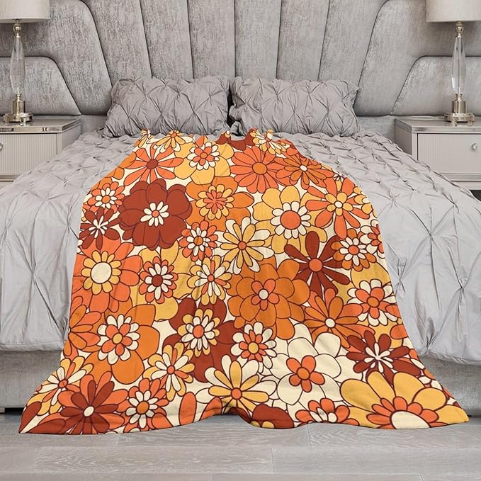 Vintage 70s Throw Blanket, Boho Hippie Bright Orange Flowers Groovy Abstract Funny Art Print Blanket for Couch Sofa Bed 40"x50"