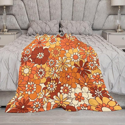 Vintage 70s Throw Blanket, Boho Hippie Bright Orange Flowers Groovy Abstract Funny Art Print Blanket for Couch Sofa Bed 40"x50"