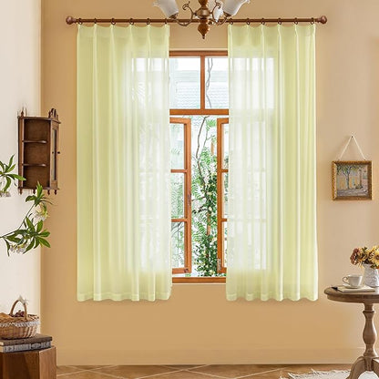 MAIHER Light Yellow Pinch Pleated Sheer Curtains 63 Inch Length Light Filtering Soft Touch Short Pleated Drapes with Hooks for Kids Room, Pear Sorbet, 42" W x 63" L, 2 Panels
