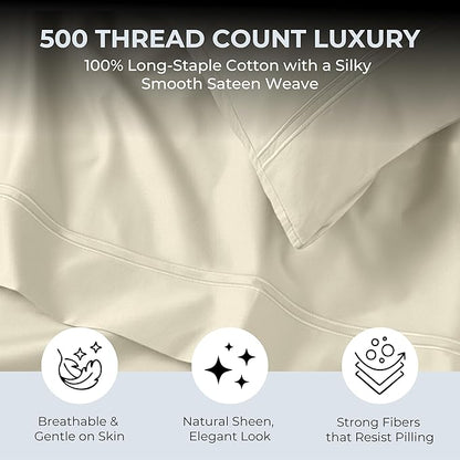 100% Natural Cotton Bed Sheets | 500 TC Single-Ply Sateen Weave Cal King Sheet Set | Soft & Hypoallergenic Solid 4-Piece Bedding with Deep Pocket Fitted, Flat, Pillowcase | Cream Beige