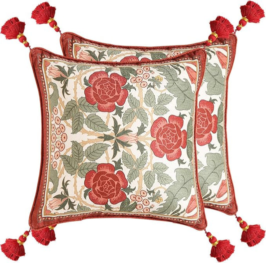 Throw Pillow Covers Pack of 2,Red Cozy Velvet with Leaves and Floral Pattern Pillowcases,Decoration Square Pillows Cushion Covers for Living Room Couch Sofa Bed Car Chair,18"x18"
