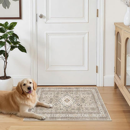Vintage Living Room Area Rug 2x3 - Large Soft Washable Oriental Traditional Distressed Farmhouse Rugs for Bedroom - Indoor Floor Accent Carpet for Home Office House Decor - Beige