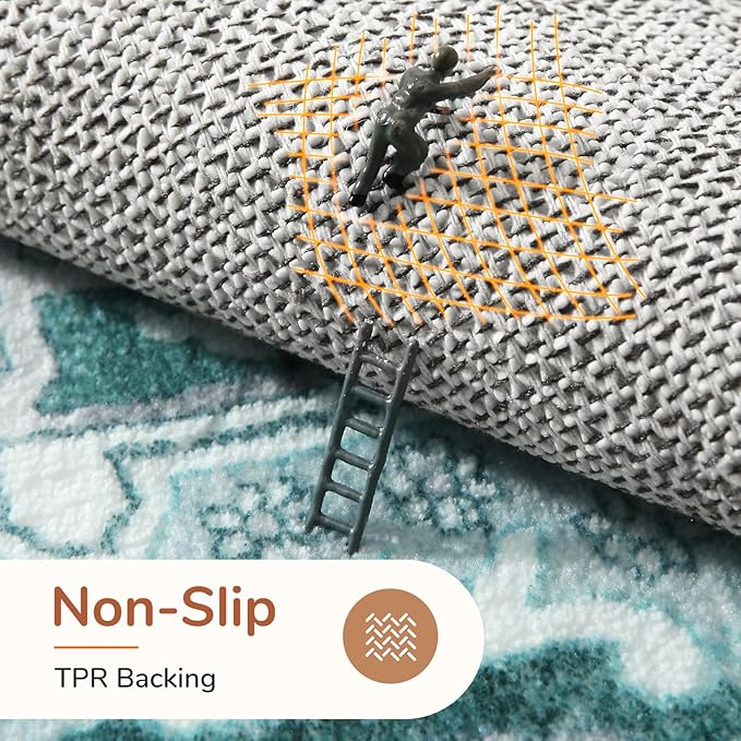 OPPODREAM Thin Area Rugs 4x6, Low-Pile Washable Rugs 4x6 with Non Slip Backing, Faux Cashmere 4 x 6 Throw Carpet, Teal & Turquoise & Cream