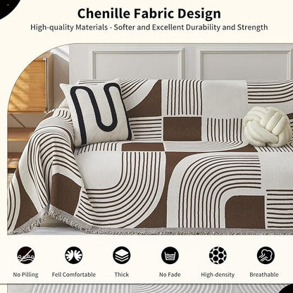Boho Chenille Couch Cover with Tassels, Bohemian Sofa Cover for 1 Cushion Couch, Armchair, Chair, 1 Seater (71" x 91", Coffee)
