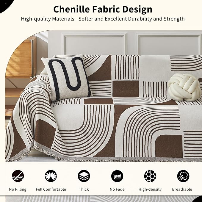 Boho Couch Cover Sofa Covers Washable, Chenille Couch Covers for 3 Cushion Couch Sofa Pet Friendly, Bohemian Sofa Slipcovers for Sectional Sofa, Loveseat, 2 3 4 Seater (71" x 118", Coffee)