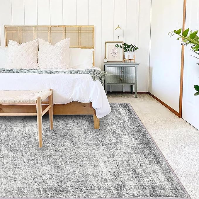 Area Rug 6x9 Washable Rug Gray Vintage Traditional Floor Cover Thin Rug Retro Kitchen Indoor Distressed Non Slip Carpet Floral Print Mat Living Room Bedroom Dining Room