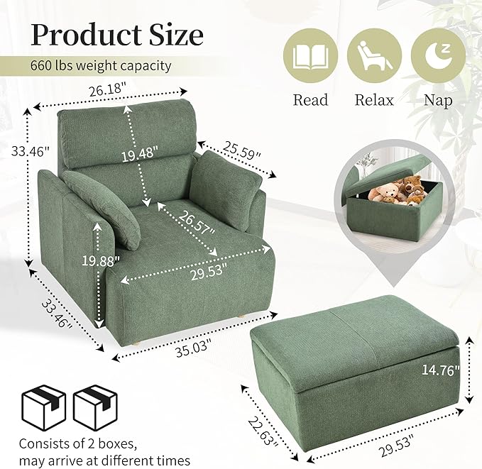 Modern Oversized Accent Chair with Storage Ottoman & Side Pillows, Snowflake Fleece Upholstered Chaise Lounge Chair, Deep Seat Reading Chair for Living Room, 350lbs Capacity