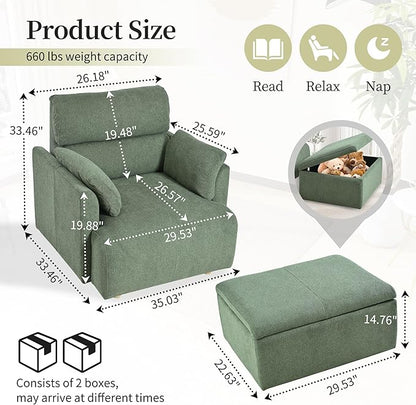 Modern Oversized Accent Chair with Storage Ottoman & Side Pillows, Snowflake Fleece Upholstered Chaise Lounge Chair, Deep Seat Reading Chair for Living Room, 350lbs Capacity