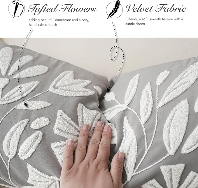 BlissBlush Grey Velvet Decorative Lumbar Throw Pillow Cover 12X20, Light Gray Floral Tufted Soft Farmhouse Textured Pillowcase, Accent Pillowcase for Couch Sofa Bed Living Room