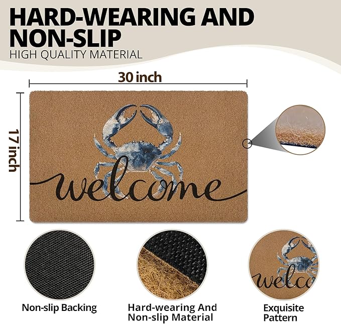 Blue Crab Welcome Door Mat, Beach Framhouse Doormat, Lake Sea Welcome Front Door Mat Indoor Outdoor Entrance, Funny Artificial Coir Doormats Rugs for Patio Entry Beach House Decor 30x17in
