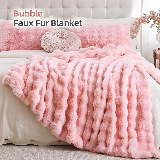 Smoofy Faux Fur Throw Blanket for Couch – Blush Pink Fluffy Cozy Rabbit Fleece, Plush Soft Bubble Blanket for Sofa & Bed, for Mom, Warm Fuzzy Home Room Decor Throw 50" x 60"