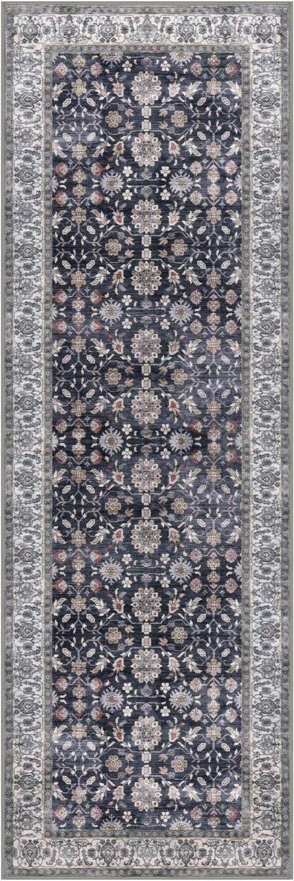 KUTA Runners for Hallways 2x6, Vintage Floral Rug Non-Slip Washable Kitchen Rugs Grey Black Beige Ultra Thin Soft Printed Distressed Flower Carpet Entryway Rugs for Bedroom Laundry Nursery