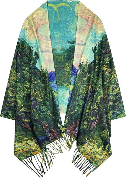 VENVSBEE Reversible Scarf Soft Large Shawl Wrap Blanket Double Sided Art Print Warm Pashmina Stoles Klimt Van Gogh Gifts