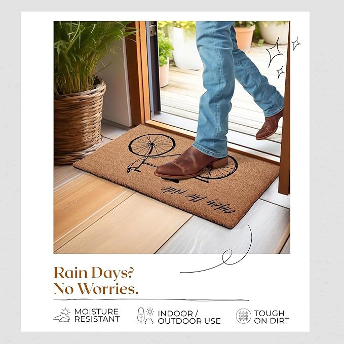 Coir Door Mats 17" X 30", Non-Slip Sturdy, PVC Backed Heavy Duty, Easy to Clean, Ideal for Door Entrance, Patio, Porch, Backyard, Garages, Enjoy The Ride Vintage Bicycle