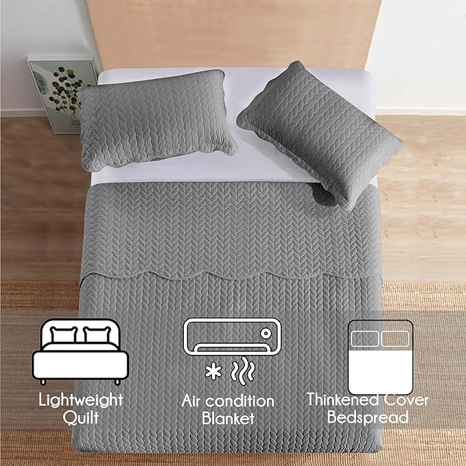 IR Imperial Rooms Queen Quilt Bedding Set Size (90" x 96") + 2 Pillow Shams (20" x 26"+ 2") - 3 Pcs All Season Lightweight Reversible Microfiber Coverlet Embossed Quilt Bedspread (Grey)
