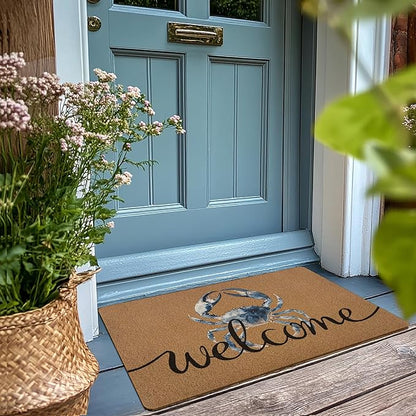Blue Crab Welcome Door Mat, Beach Framhouse Doormat, Lake Sea Welcome Front Door Mat Indoor Outdoor Entrance, Funny Artificial Coir Doormats Rugs for Patio Entry Beach House Decor 30x17in