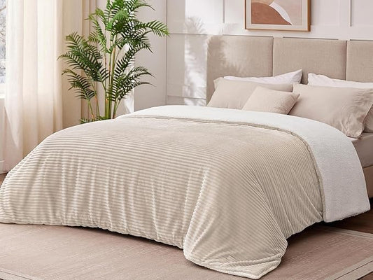 Sherpa Blankets Queen Size - Fleece Queen Blanket for Bed, Soft and Warm Throw Blanket for Winter, 90" x 90", Cream