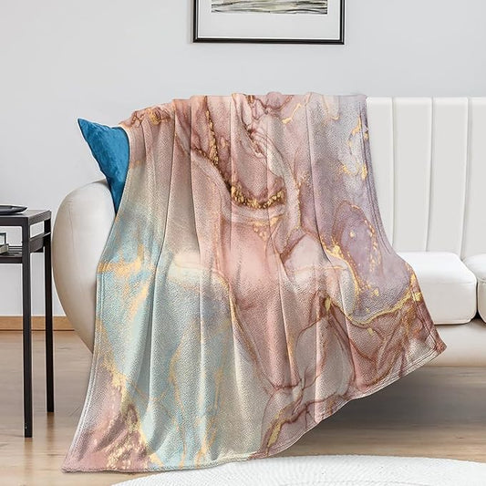 Abstract Marble Blanket, Modern Luxury Baroque Golden Pink Purple Stone Veins Pattern Soft Warm Cozy Plush Flannel Covers for Livingroom Bedroom Couch Chair Camping Travel Home Decor Tapestry 40x50in