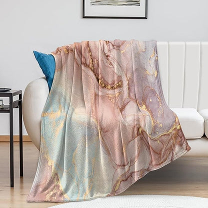 Abstract Marble Blanket, Modern Luxury Baroque Golden Pink Purple Stone Veins Pattern Soft Warm Cozy Plush Flannel Covers for Livingroom Bedroom Couch Chair Camping Travel Home Decor Tapestry 50x60in