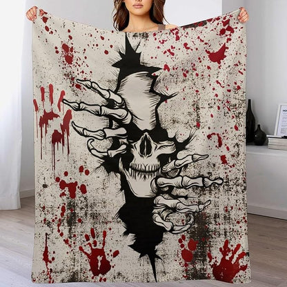 Horror Skull Throw Blanket, Halloween Day of The Dead Vintage Gothic Scary Blood Hand Soft Warm Fleece Blanket for Bed Couch Living Room All Season, 30"x40"