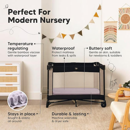 2-Pack Waterproof Pack and Play Sheets, Mini Crib Sheets Fitted for Boy, Girl - 38 x 26 Viscose from Bamboo Pack N Play Mattress Sheets for Graco, Toddler Playard Baby Crib Sheets Neutral (Lilac)