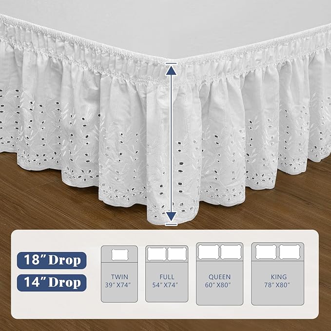 Twin Bed Skirt, Wrap-Around Elastic Ruffled Eyelet Bed Skirt Twin Size Dust Ruffle with Gathered Styling and Embroidered Details, 18" Drop Length (White)