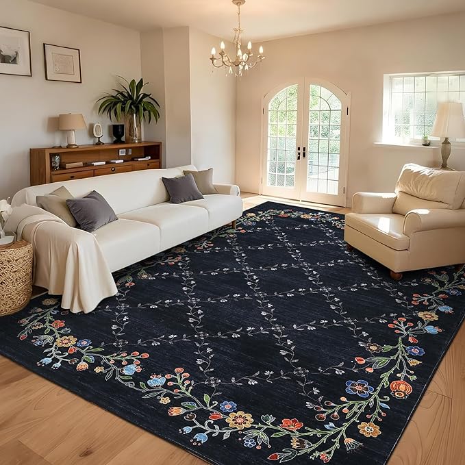 Garveehome 5x7 Washable Floral Area Rugs for Living Room: Modern Floral Non Slip Large Area Rugs for Bedroom, Large Machine Washable Living Room Low Pile Carpet with Non-Slip Backing Black 5 ft x7 ft.