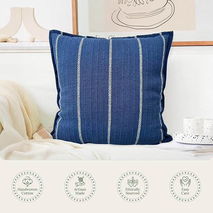 SanVia Indigo Snug Premium Cotton Throw Pillow Covers, 20 x 20 Inches, Artisan Made, Luxurious Handwoven Reversible Couch Pillow Covers with Hidden Zipper, Elegant Home Décor, Insert Not Included