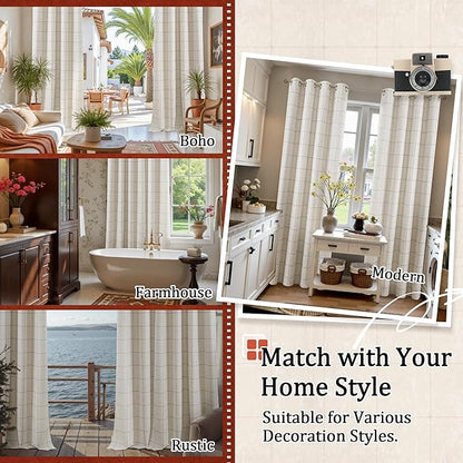 Plaid Curtains Pattern Printed 90 Inches Long - Total Linen Blackout Curtains for Living Room, Boho Cottage Core Grommet Drapes for Farmhouse Thermal Drapery 52x90 Inch 2 Panels, Natural
