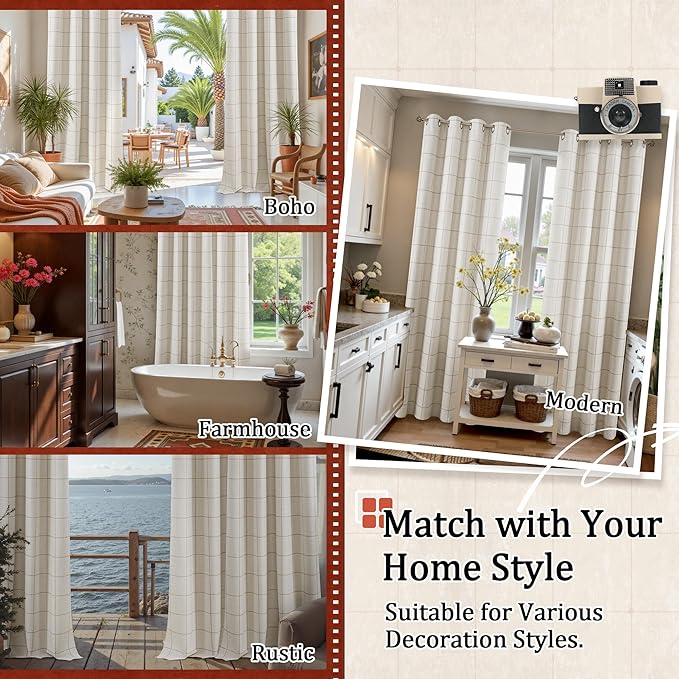 Linen Blackout Curtains 63 Inches Long for Bedroom - Boho Plaid Curtains Thermal Insulated, Pattern Printed Rustic Drapes Window Treatments for Farmhouse 52x63 Inch 2 Panels, Natural