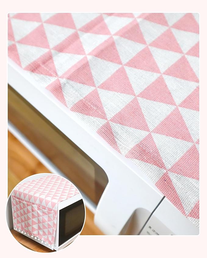 Microwave Oven Cover Dustproof Cotton Machine Protector Decorative Kitchen Appliance Cover with Side Storage Pockets (11.8 x 35.4 Inch, Pink Triangle)