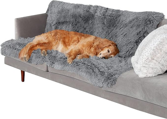FurHaven Waterproof Throw Blanket For Dogs & Indoor Cats, Reversible Protective Pet Blanket, Extra Large, Long Faux Fur & Velvet, Gray