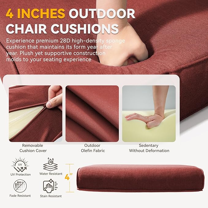 Outdoor Chair Cushions - 22" x 25" x 4" Patio Furniture Cushions with Water Resistant & Removable Cover, 28D High Density Sponge Patio Cushion for Outdoor Furniture Couch Rocker Chair, Red