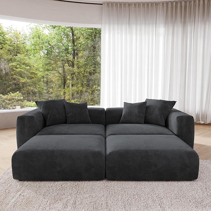 JACH Sectional Couches for Living Room, Modern Modular Sectional Couch with Chaise Ottomans, Cushion Covers Removable, Corduroy Sofa Bed for Living Room, Apartment, Office (Black)
